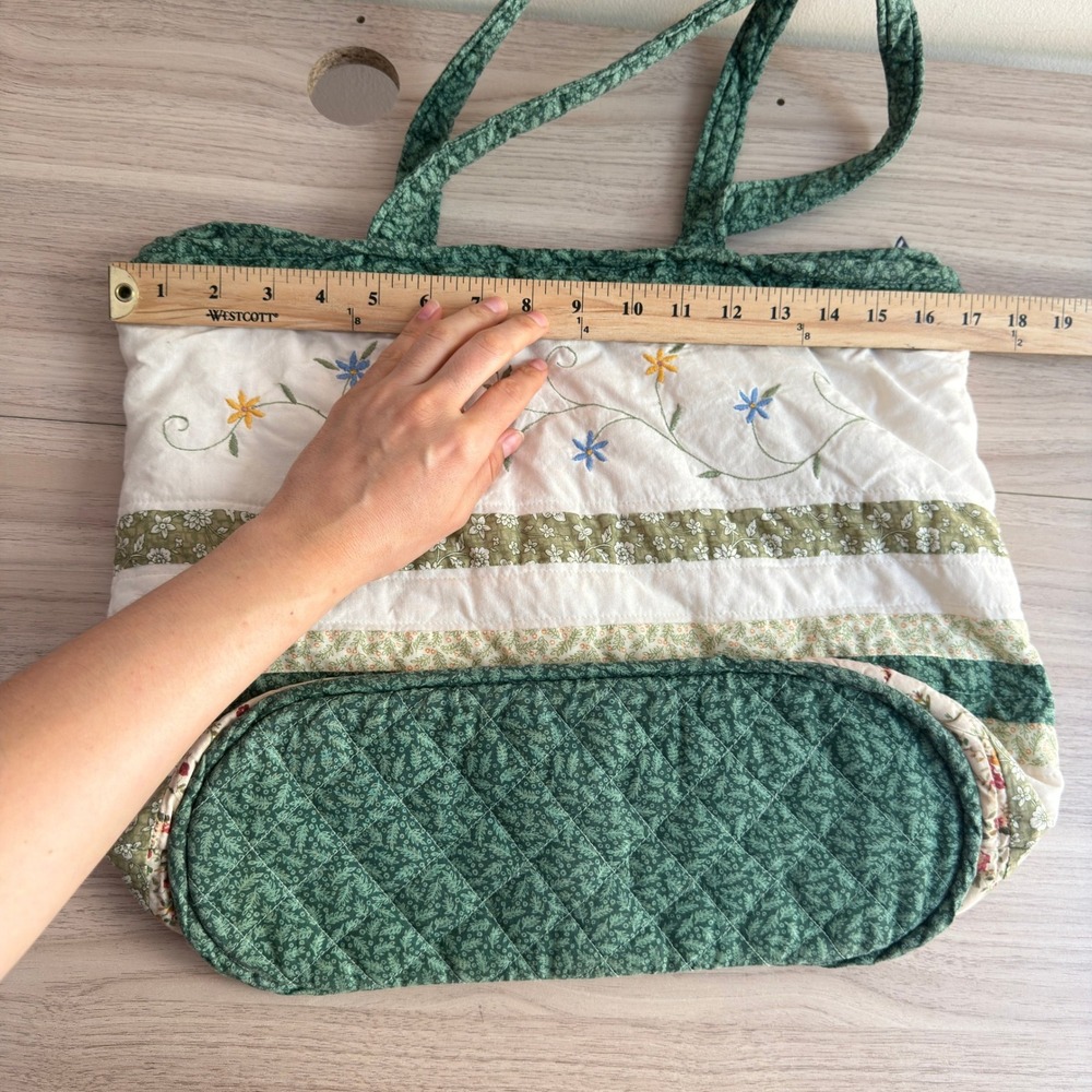 Granny Large Tote Bag Quilted Patchwork Floral Embroidered Green White - Picture 2 of 4